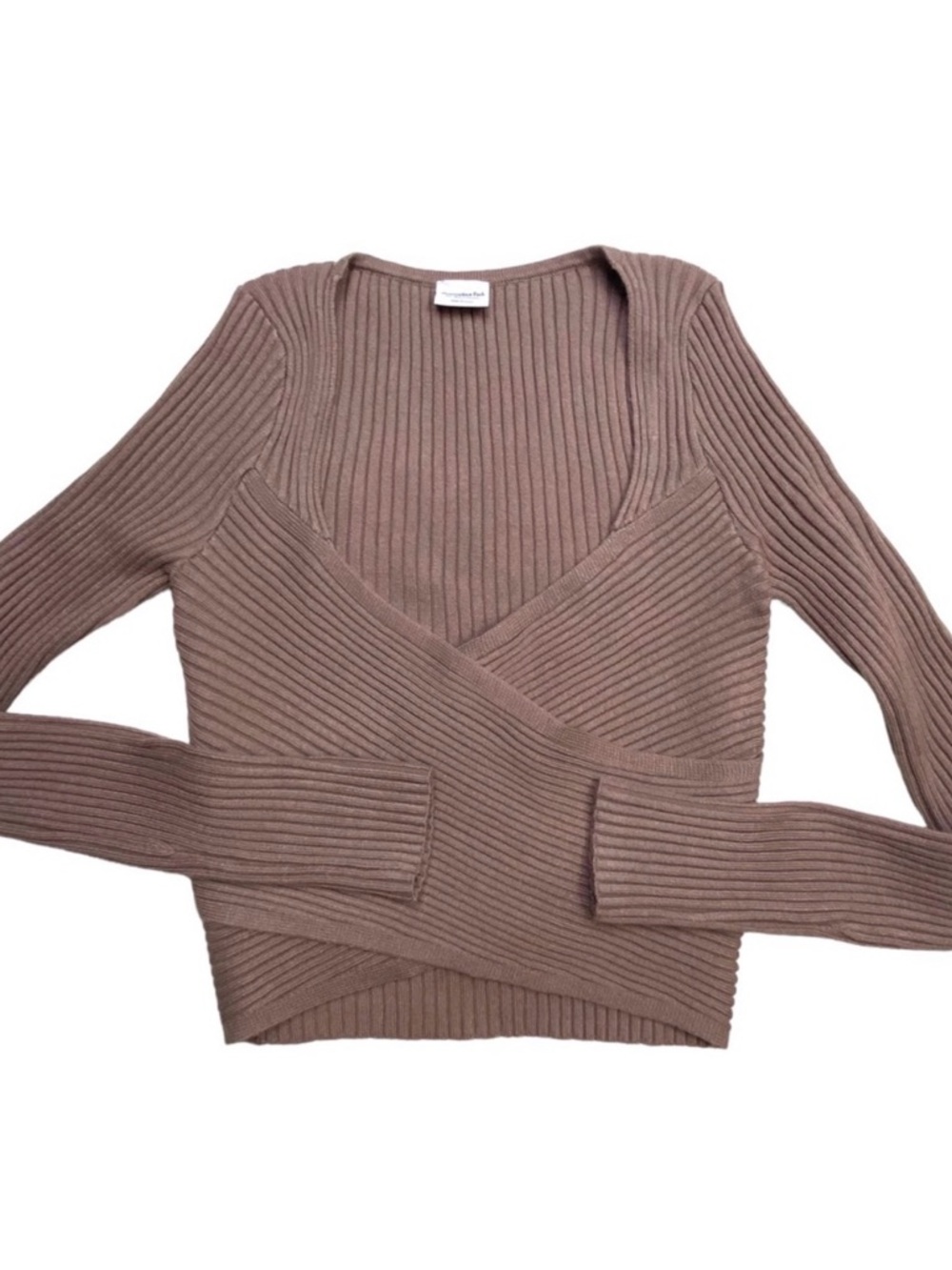 Abercrombie & Fitch Wrap Crop Ribbed Long Sleeve Knit Sweater Nutmeg S